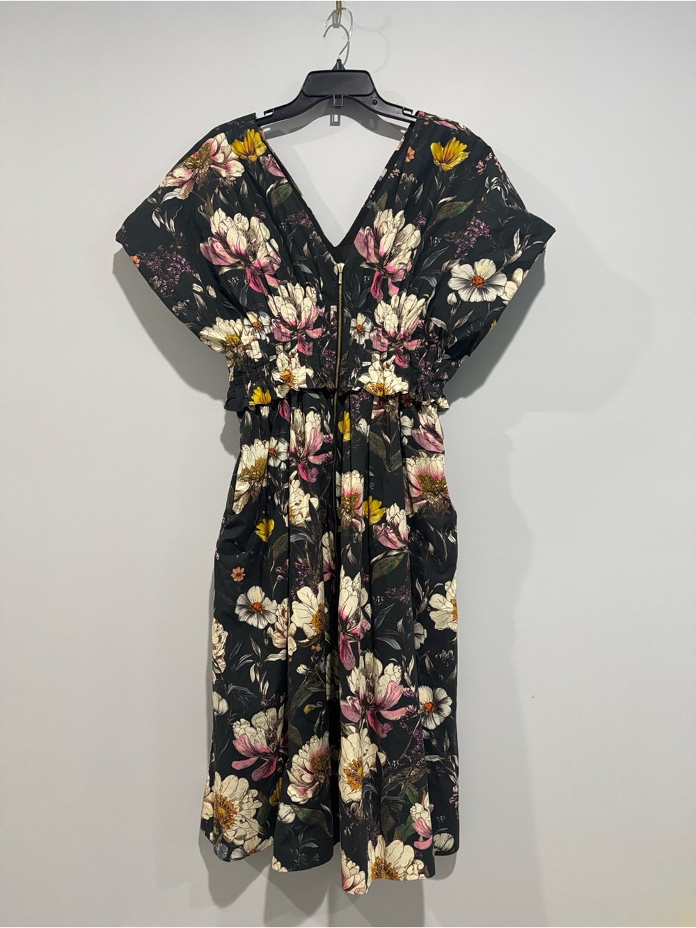 NWT Anthropologie Floral V-Neck Black Midi Dress with Pink & Cream Blooms S